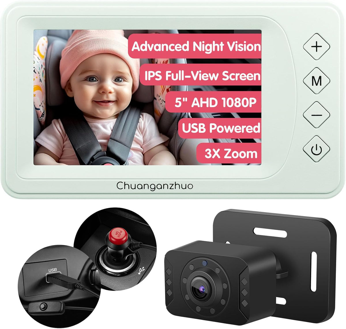Baby Car Camera with Advanced Crystal-Clear Night Vision, 3X Zoom, USB Powered, 5'' AHD 1080P IPS