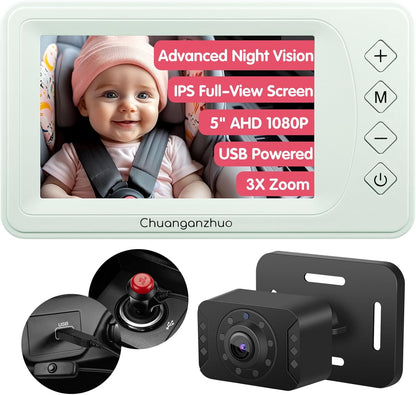 Baby Car Camera with Advanced Crystal-Clear Night Vision, 3X Zoom, USB Powered, 5'' AHD 1080P IPS