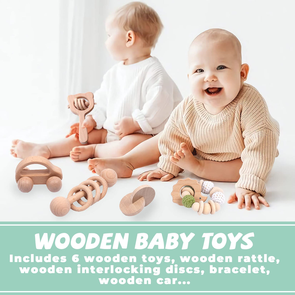 6 Pieces Toy Set- Wooden Baby Toys for Babies 0-6 Months,Wooden Toys for Babies Rattles with