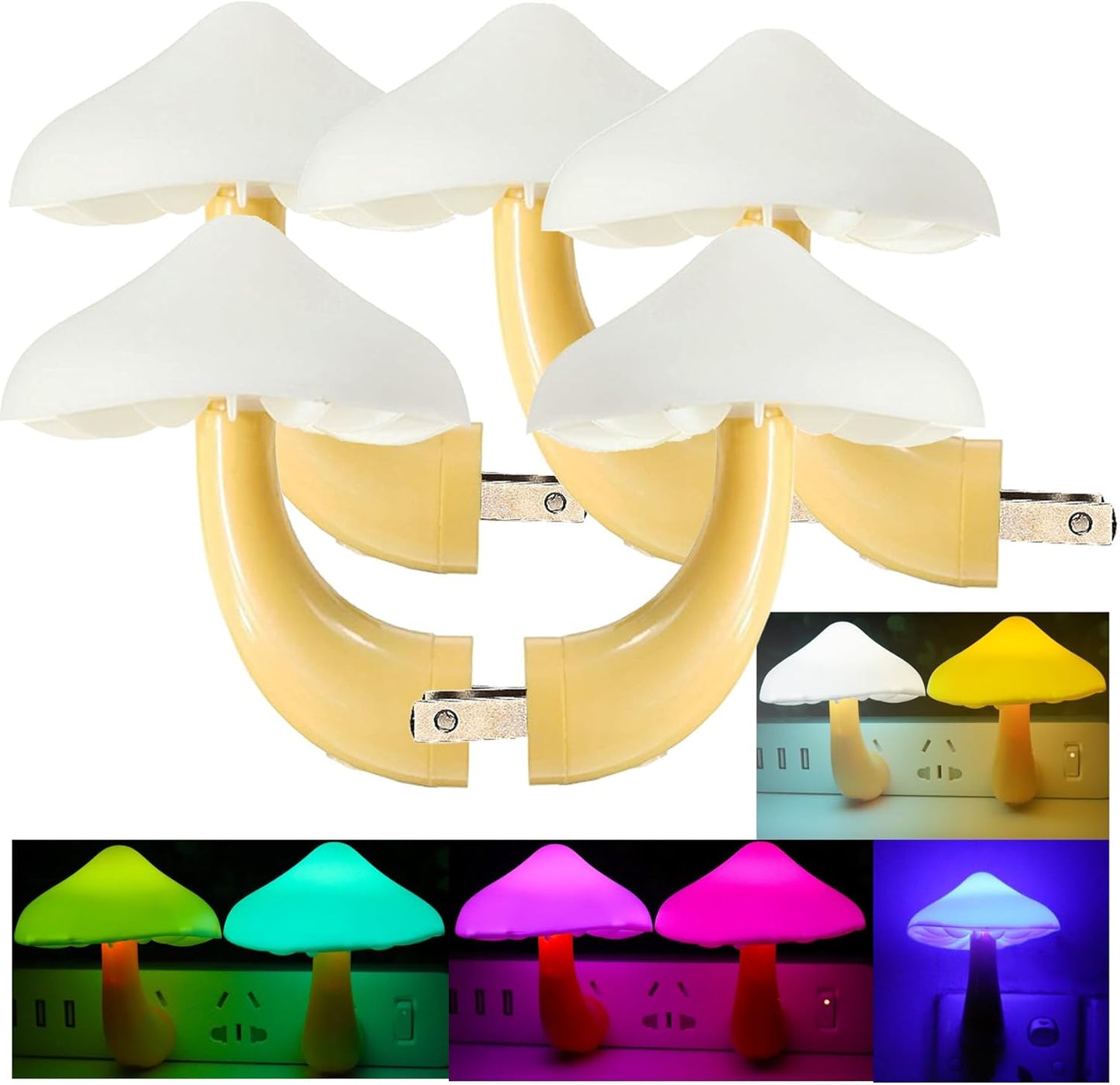 AUSAYE 5Pack Sensor LED Night Light Plug in Lamp 7 Color Changing Mushroom Light Cute Night Lights