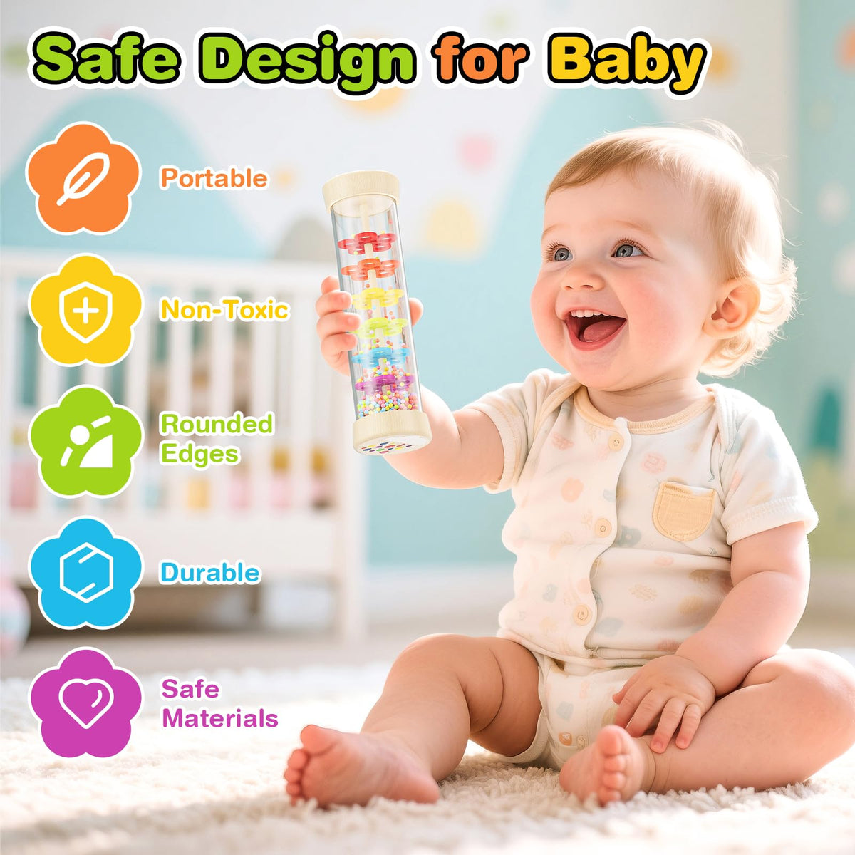 Rain Stick, Montessori Baby Toys for 6-12 Months 1 Year Old, Wooden Rainmaker Baby Rattle Sensory
