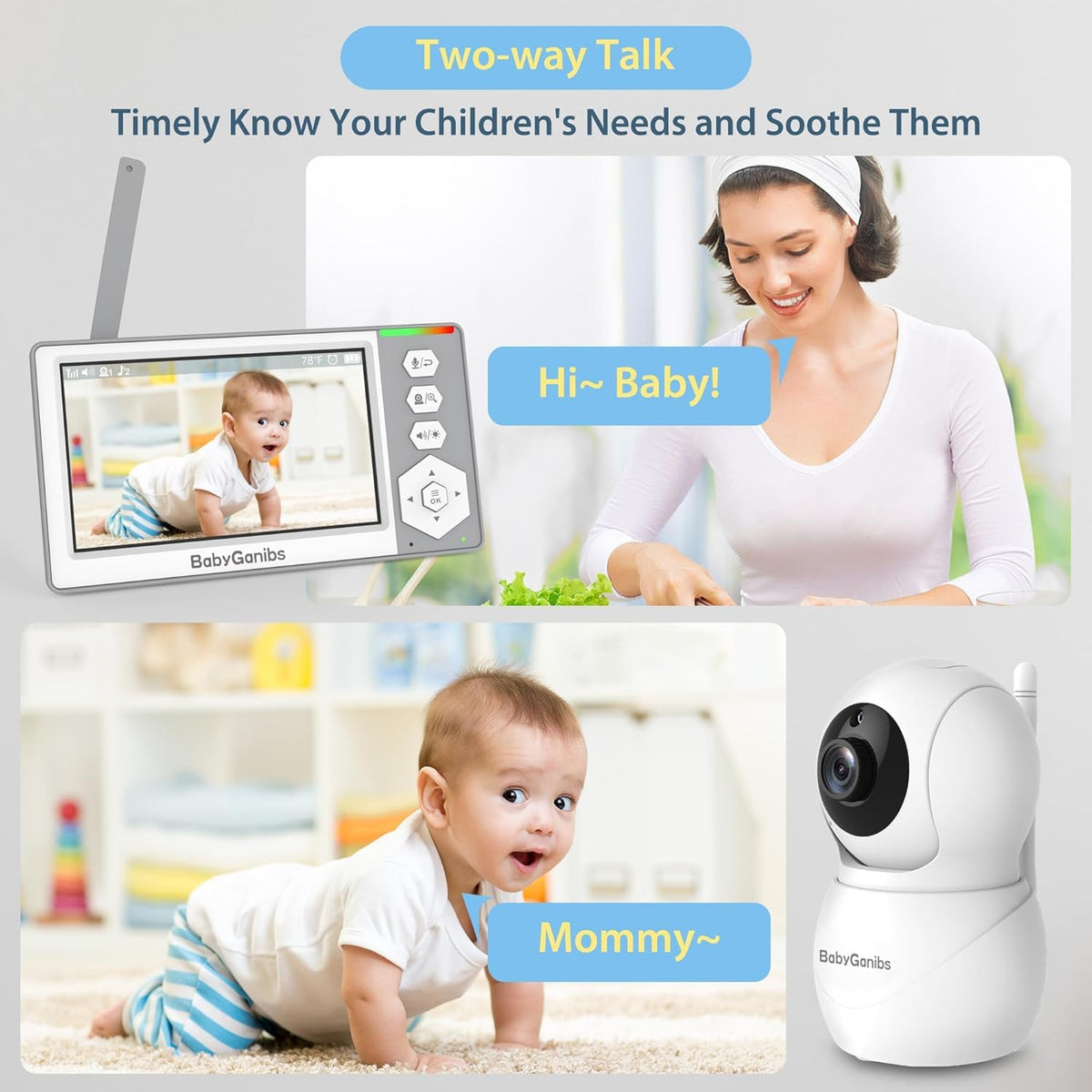 Baby Monitor with 4 Cameras Standby for 23-Hour Battery, Remote Control 4.3'' IPS Video Baby