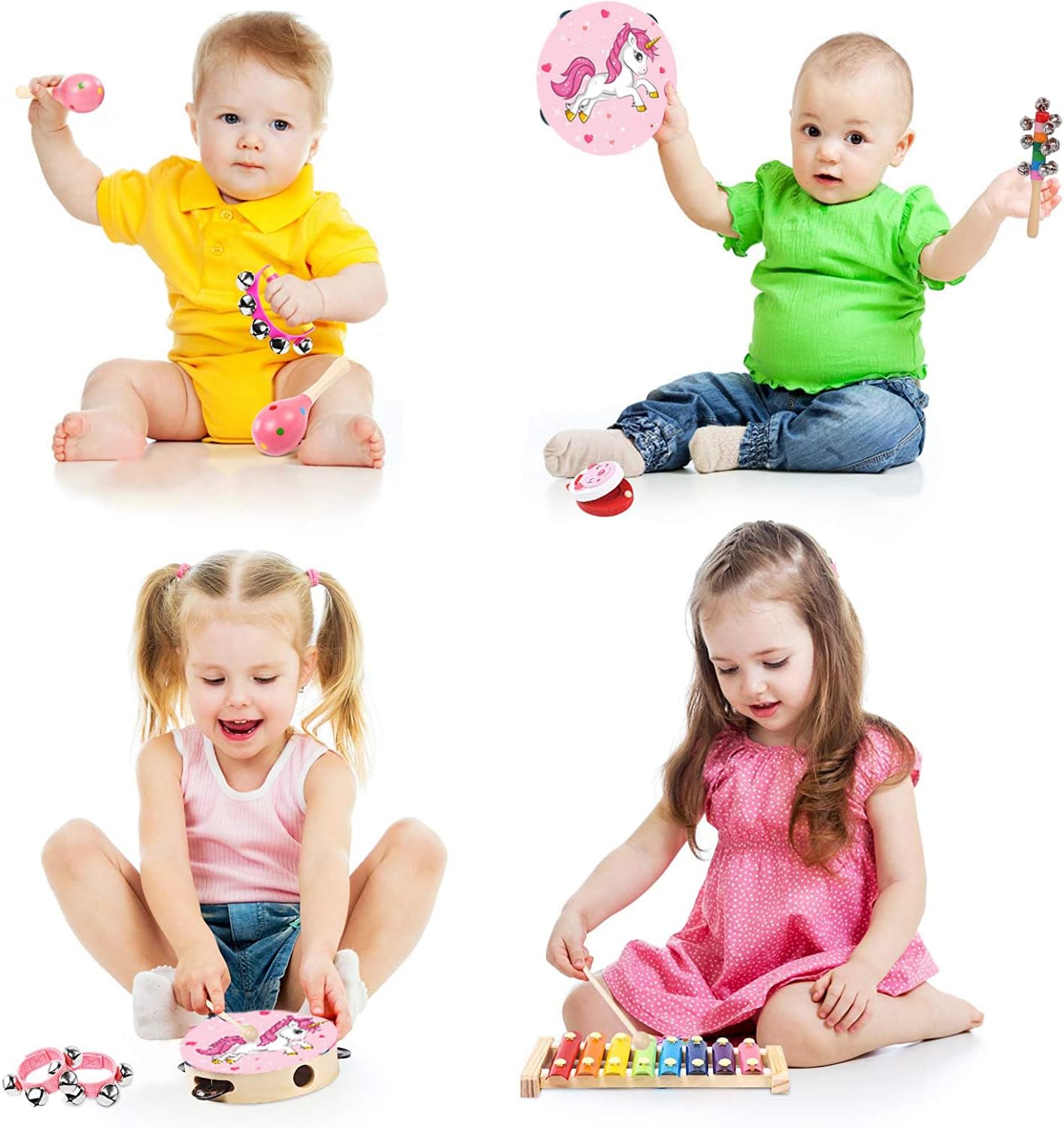 Kids Musical Instruments Sets, 12pcs Wooden Percussion Instruments Toys Tambourine Xylophone for