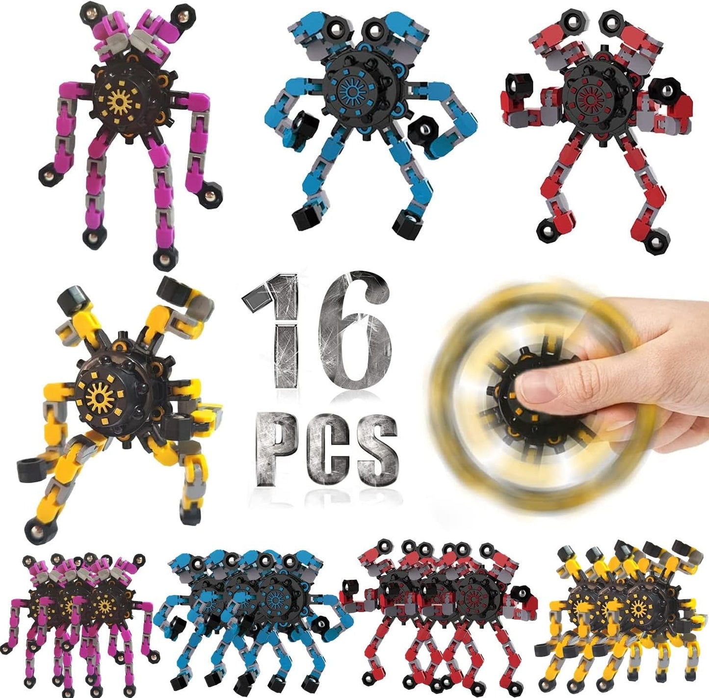 16 Packs Funny Sensory Fidget Toys,Deformable Chain DIY Robot Spinners Fingertip Stress Relief Gyro