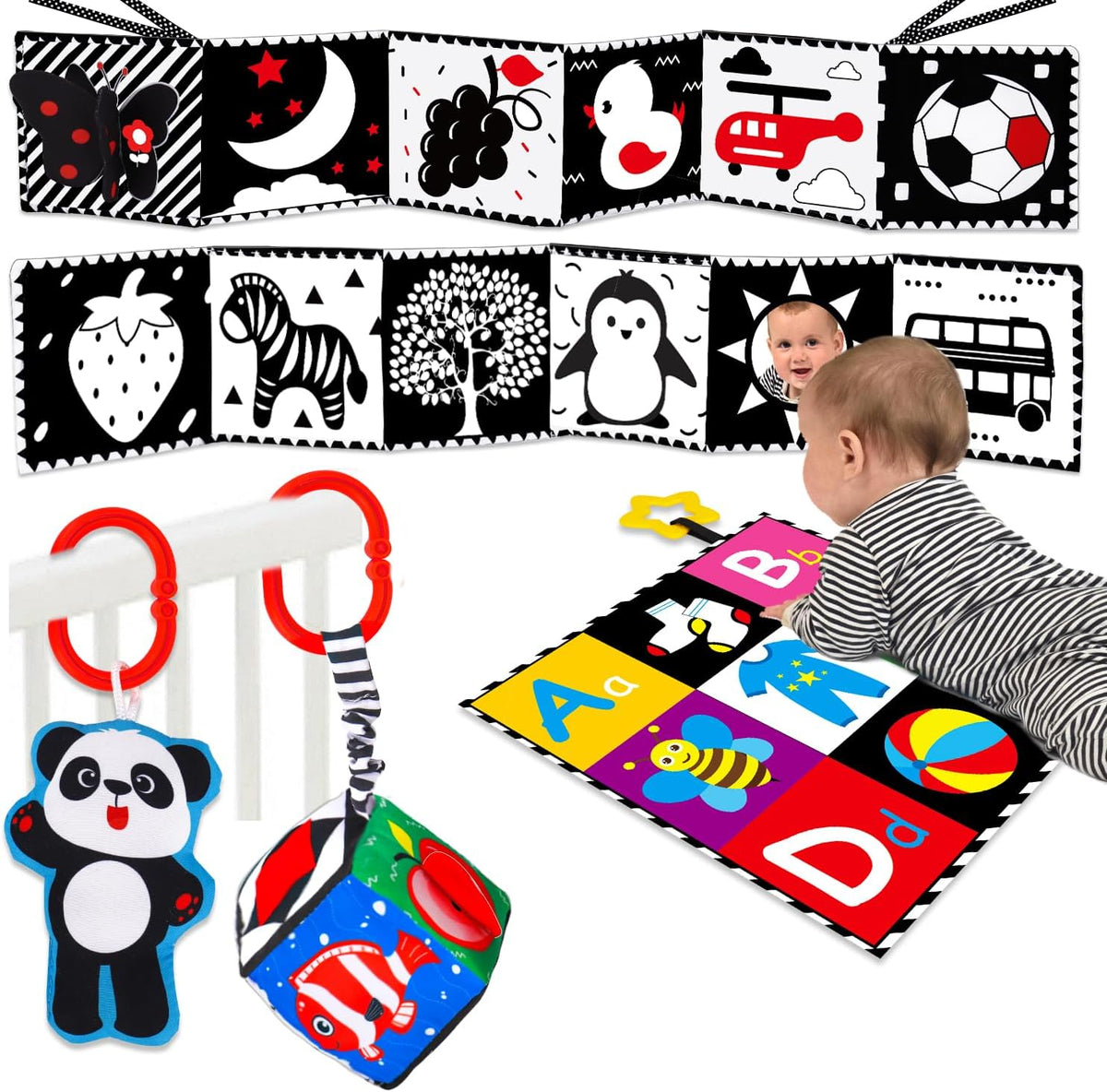 4 PCS Black and White High Contrast Baby Toys 0-3-6 Months Newborn Essential Montessori Toy for