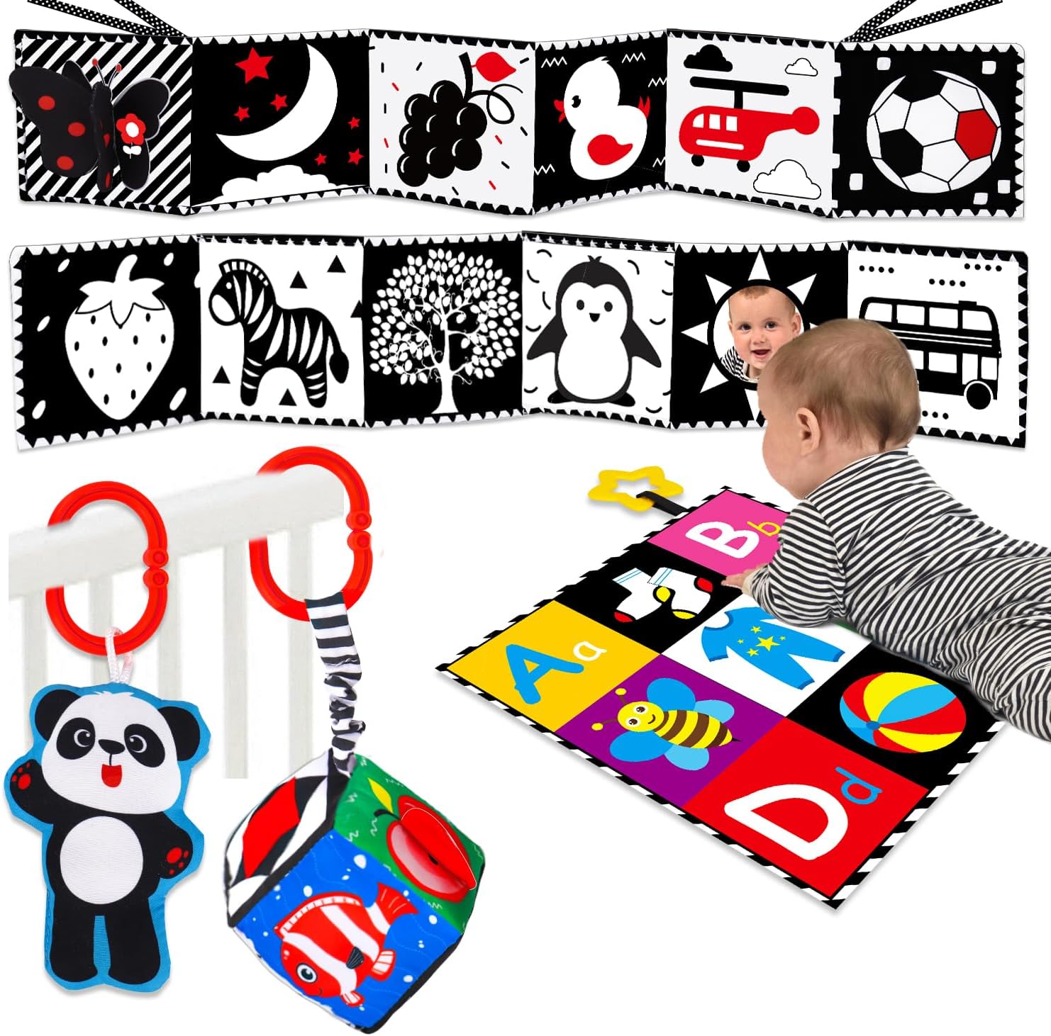 4 PCS Black and White High Contrast Baby Toys 0-3-6 Months Newborn Essential Montessori Toy for