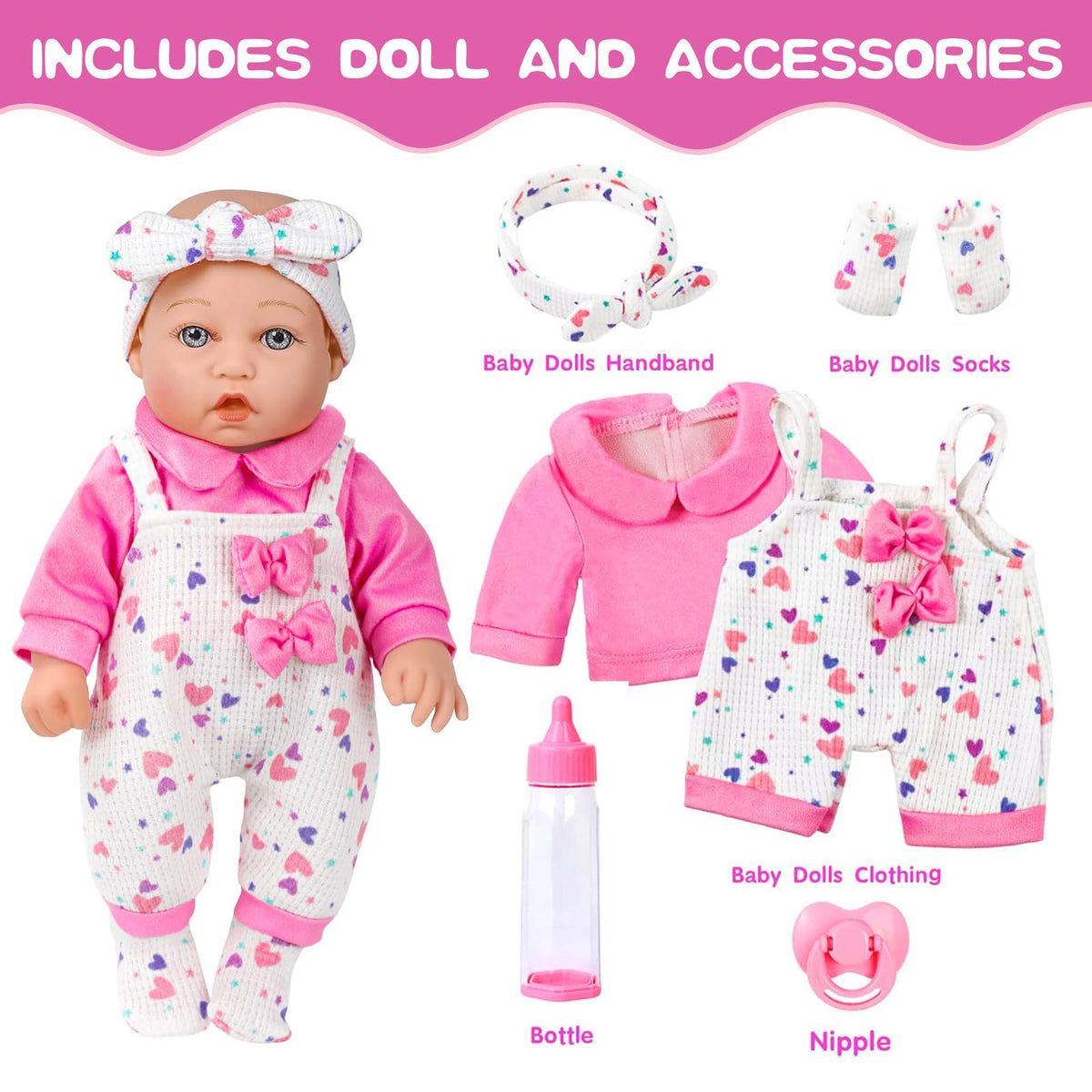 XFEYUE 12" Baby Doll with Pink Bowknot Clothing Set for 3+ Child Girls Gift