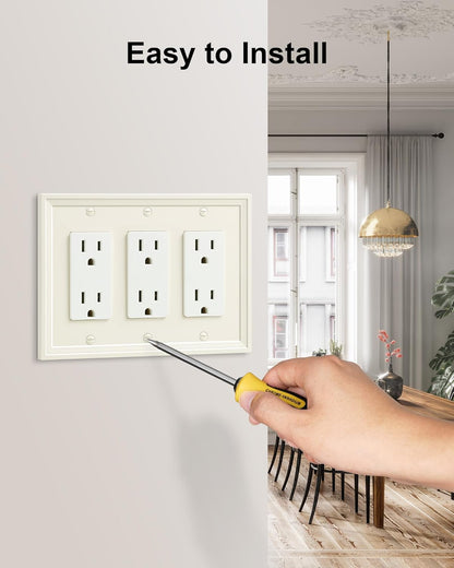 2-Pack Triple Decorator Outlet Cover Plate, Light Almond Modern Decorative Switch Plates and Outlet