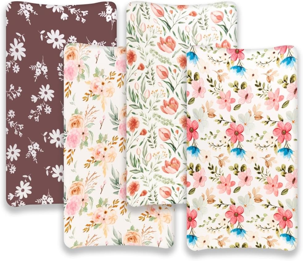 4 Pack Baby Girl Changing Pad Covers Sheets Set Soft Fitted Floral or Elephant Theme Baby Girl