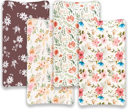 4 Pack Baby Girl Changing Pad Covers Sheets Set Soft Fitted Floral or Elephant Theme Baby Girl