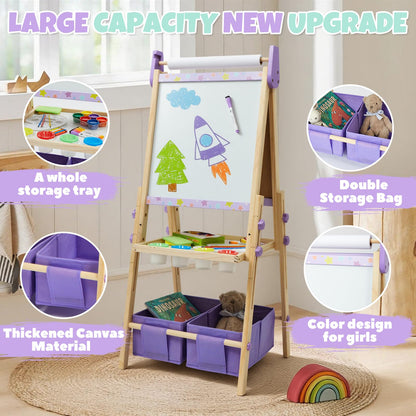 3-in-1 Kids Art Easel Set, Height Adjustable Magnetic Whiteboard & Chalkboard with Painting Paper