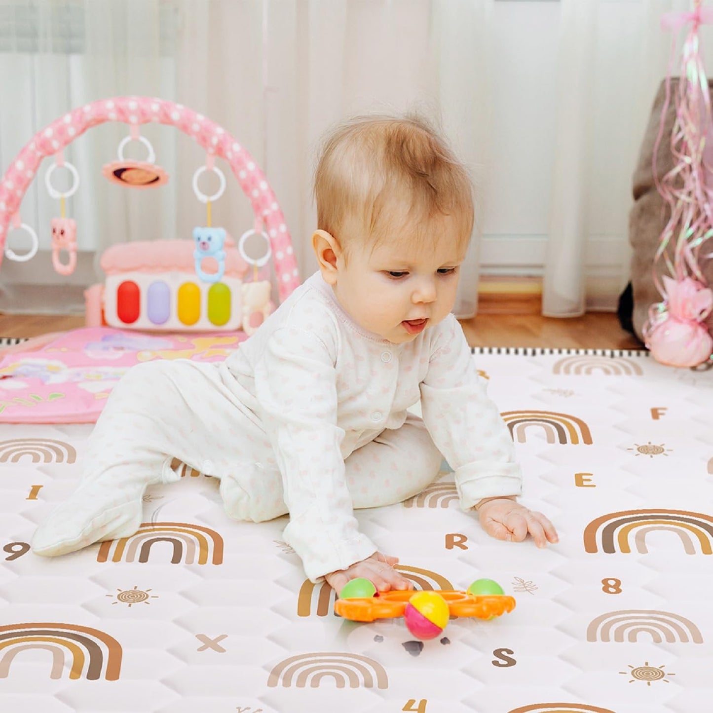 Boho Rainbow Baby Play Mat 50" X 50" Playpen Mat Thicken One-Piece Baby Crawling Mat Non-Slip