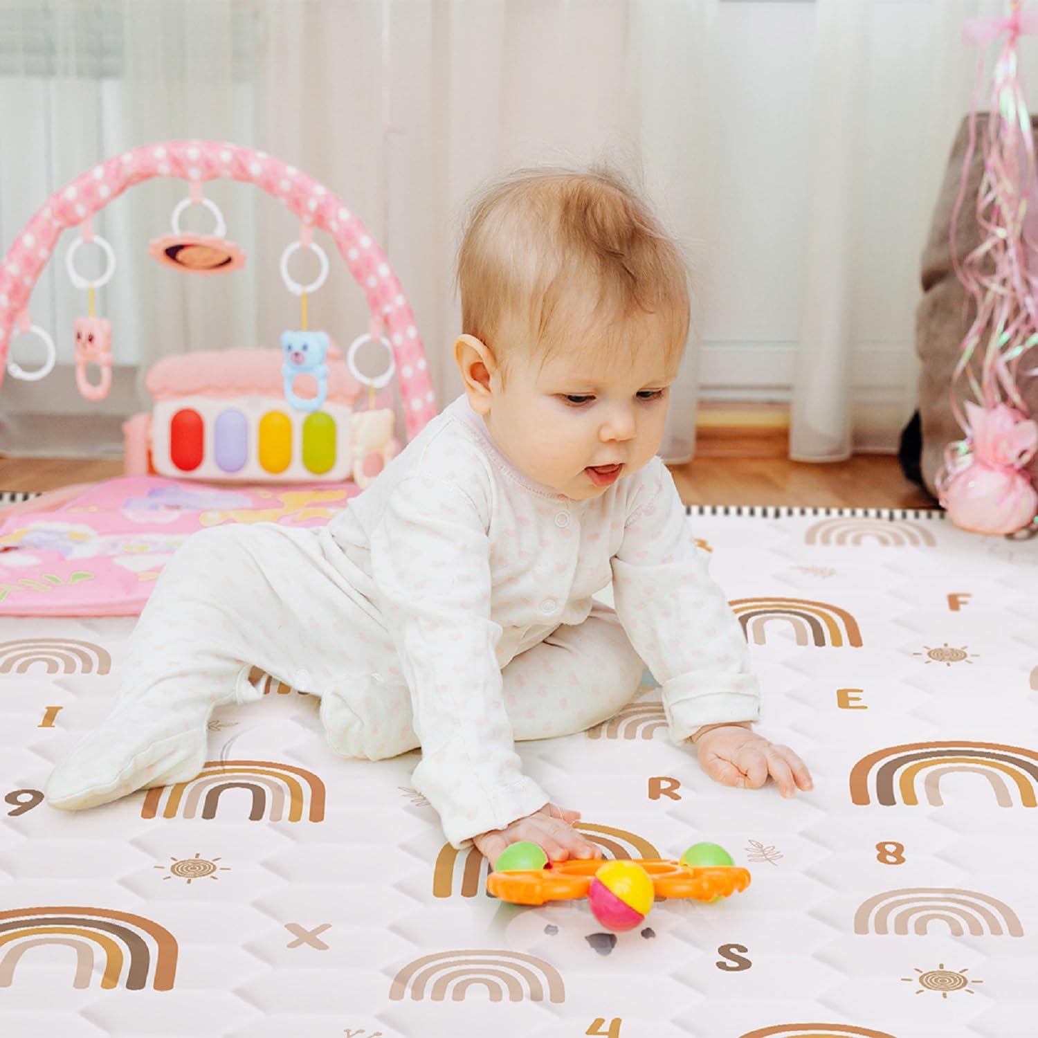 Boho Rainbow Baby Play Mat 50" X 50" Playpen Mat Thicken One-Piece Baby Crawling Mat Non-Slip