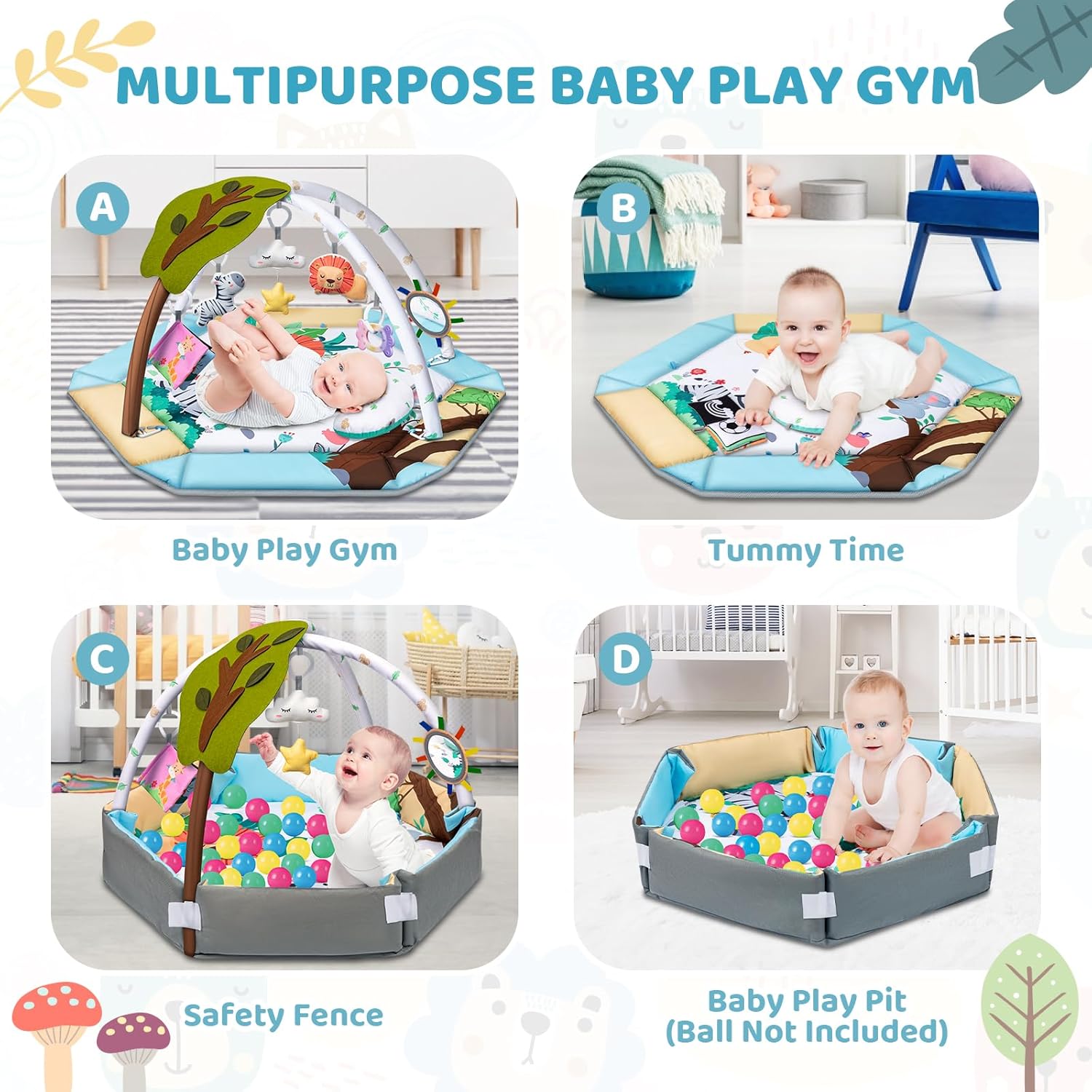 Baby Gym Play Mat, 8-in-1 Tummy Time Mat & Ball Pit with 6 Toys, Washable Baby Activity Play Mat