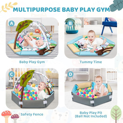 Baby Gym Play Mat, 8-in-1 Tummy Time Mat & Ball Pit with 6 Toys, Washable Baby Activity Play Mat