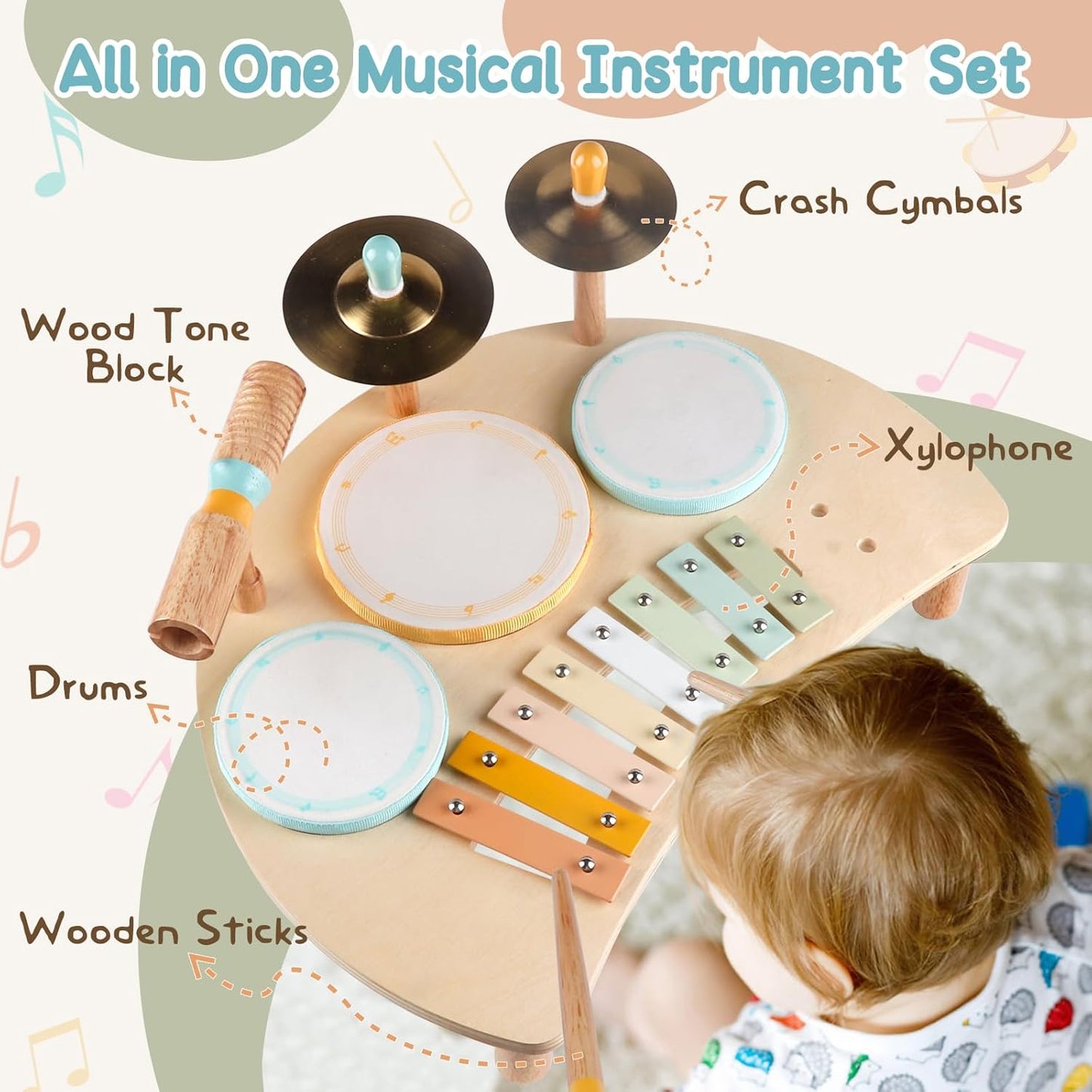 Kids Drum Set, Montessori Musical Instruments for Toddlers 1-3, Wooden Musical Toys for Baby 12-18