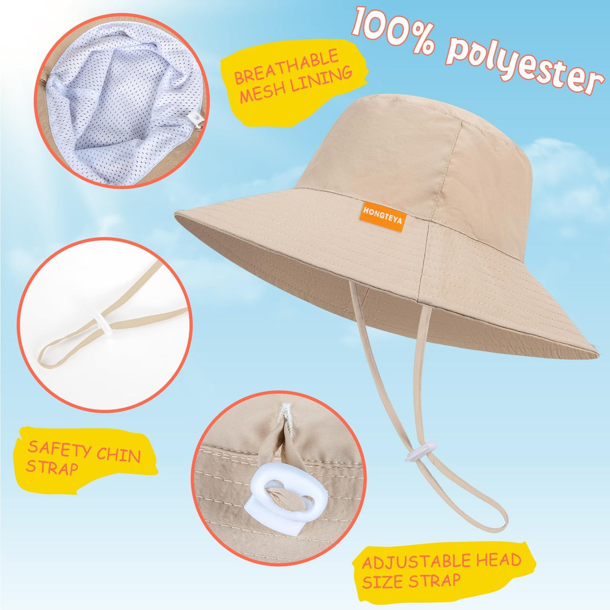 Baby Sun Hat Kids Summer UPF 50+ Toddler Bucket Hat Wide Brim Adjustable Beach Hats for Boys Girls