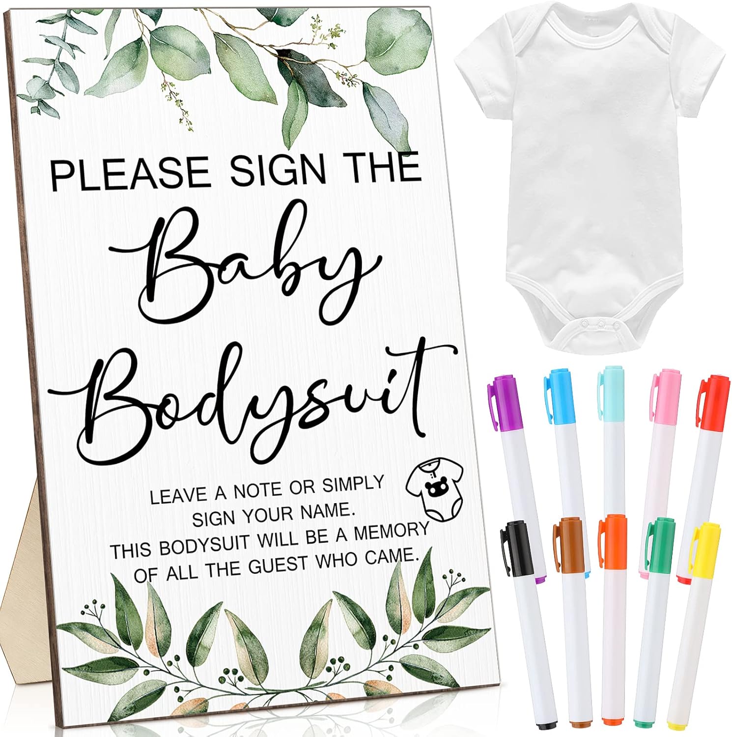 Qunclay 12 Pcs Baby Bodysuit Baby Shower Game Include 1 Game Wooden Sign Tabletop Decor 1 White