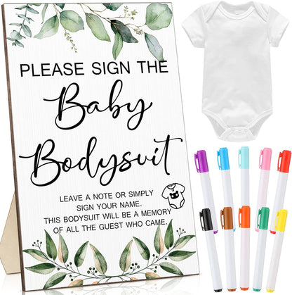 Qunclay 12 Pcs Baby Bodysuit Baby Shower Game Include 1 Game Wooden Sign Tabletop Decor 1 White