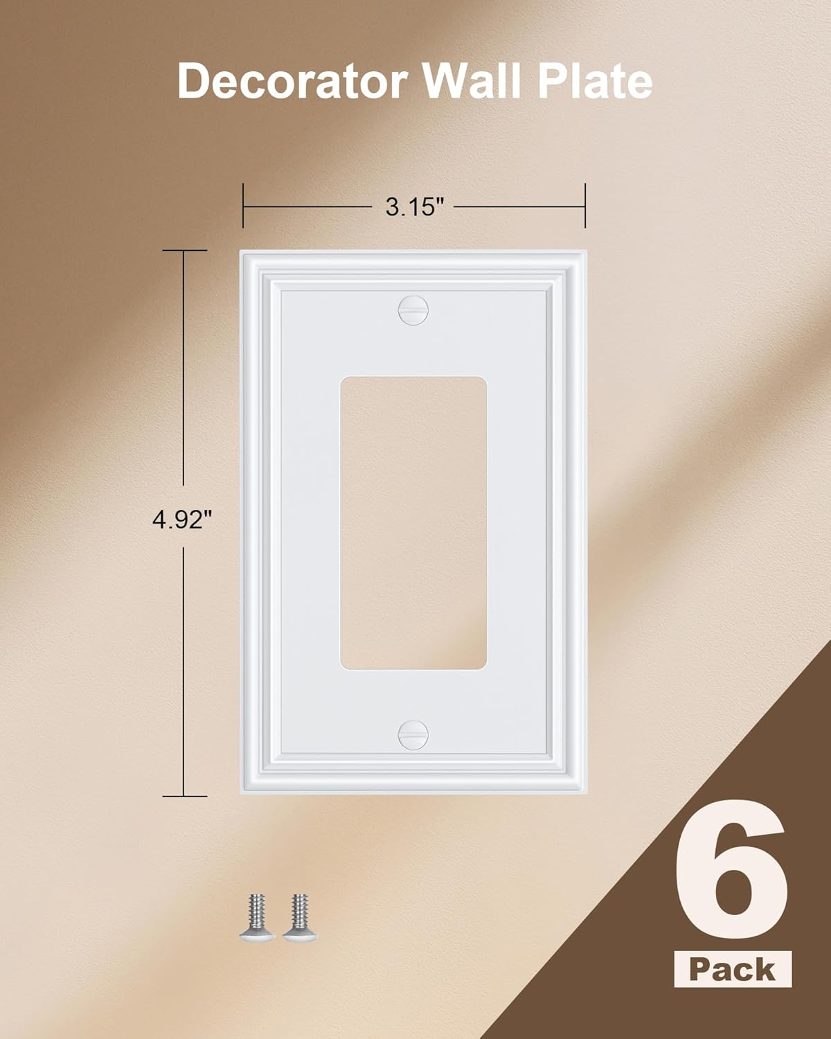 6-Pack Decorator Outlet Cover Plate, White Decorative Switch Plates and Outlet Covers, Durable Zinc