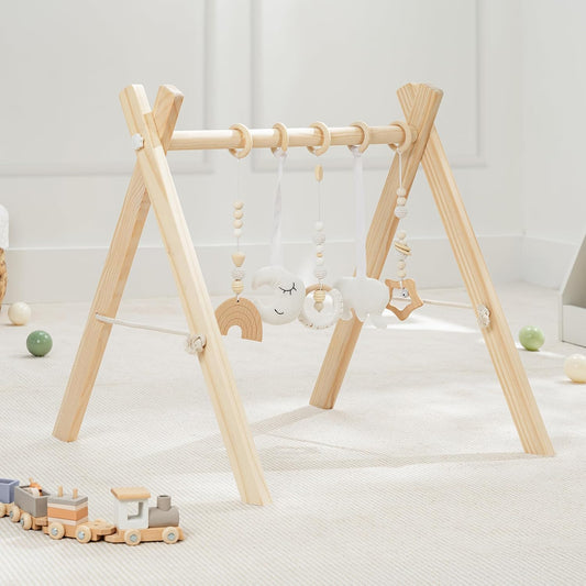 Comfy Cubs Wooden Baby Play Gym - Natural Finish Pinewood Baby Activity Gym with 5 Sensory Hanging