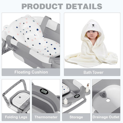 MoreFeel Collapsible Baby Bathtub for Newborn with Thermometer & 1 Hooded Towel & 1 Soft Floating