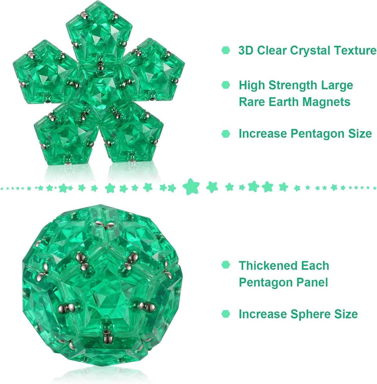 Magnetic Fidget Sphere - Pentagons Magnets Balls - 12 Piece Set - Crystal Green - Magnet Fidgets