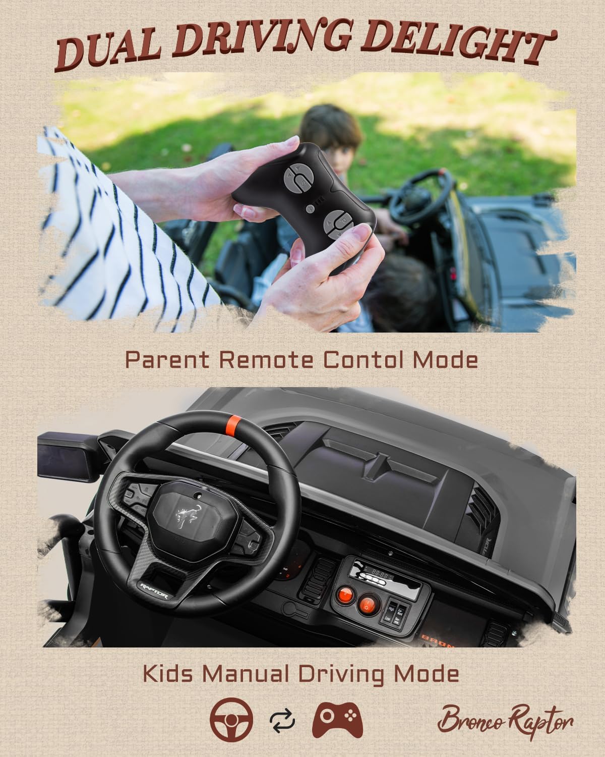 24V Ride on Toys for Big Kids, Licensed Ford Bronco Raptor Electric Car 2 Seater with Remote