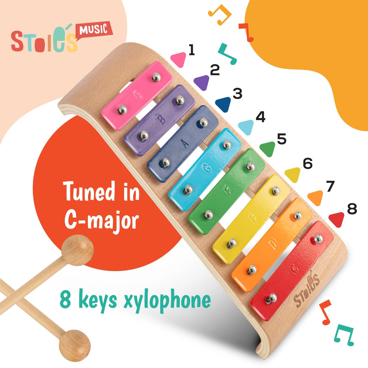 Stoie's Wooden Xylophone for Kids and Toddlers, Curved Design, 8 Notes of Rainbow Color, Tuned