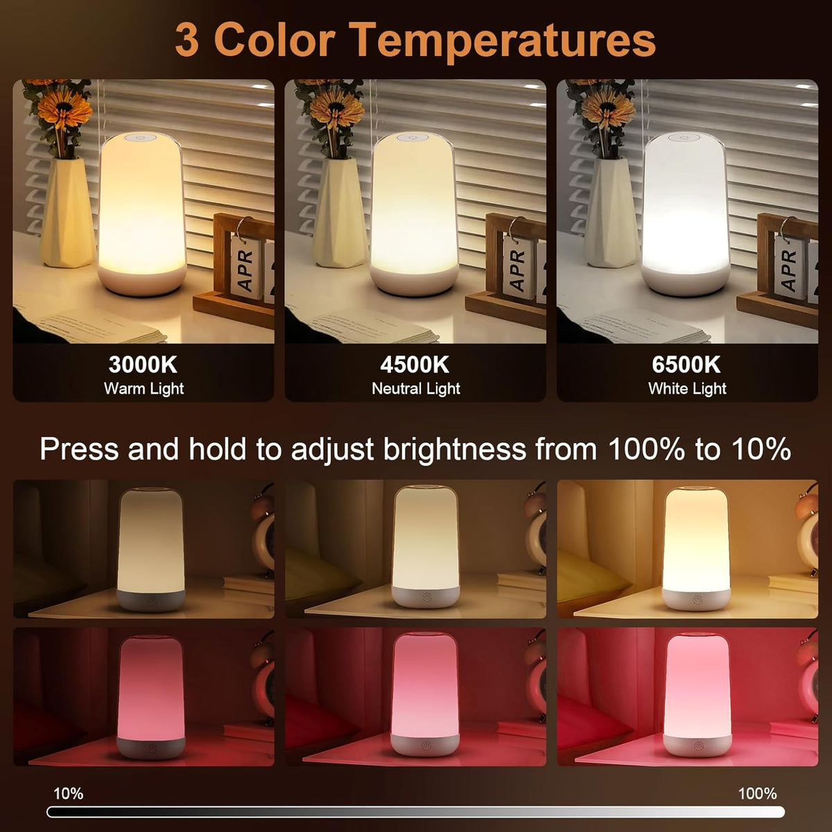 FRIDEKO HOME RGB Touch Bedside Lamp for Nightstand, 3 Color Temperatures Portable Rechargeable