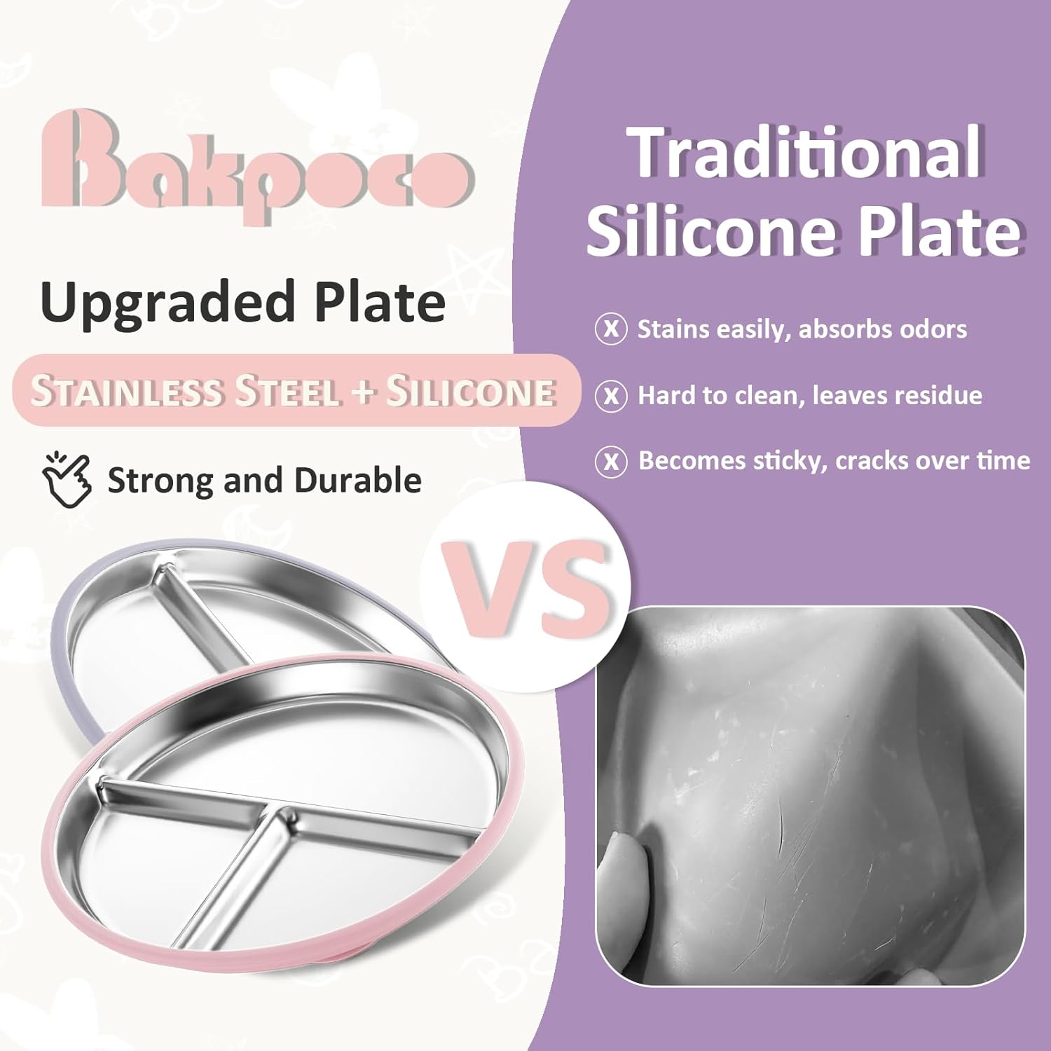 Stainless Steel Suction Plates for Toddlers, 9" Divided Kids Baby Plates with Removable Silicone