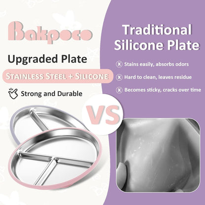 Stainless Steel Suction Plates for Toddlers, 9" Divided Kids Baby Plates with Removable Silicone