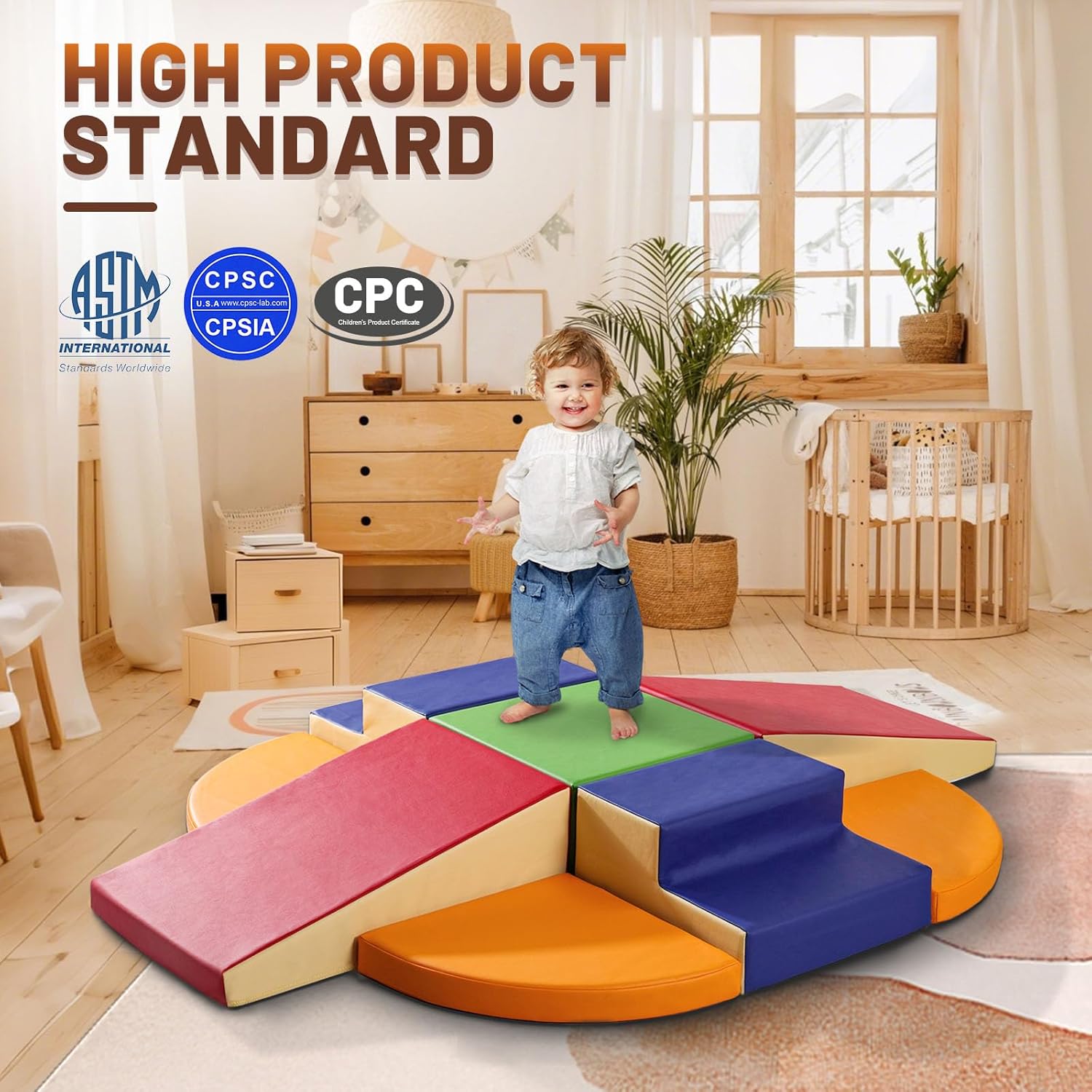 9-Piece Climbing Foam Blocks: Soft PU Leather - Baby Climb and Crawl Activity Blocks - Kids Play
