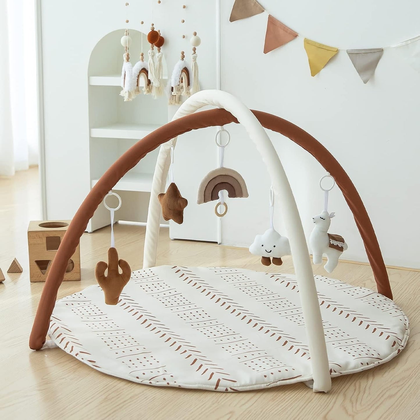 Razee Baby Gym Mat Infant Activity Gym Mudcloth Baby Activity Center with Play Mat with 5 Toys for