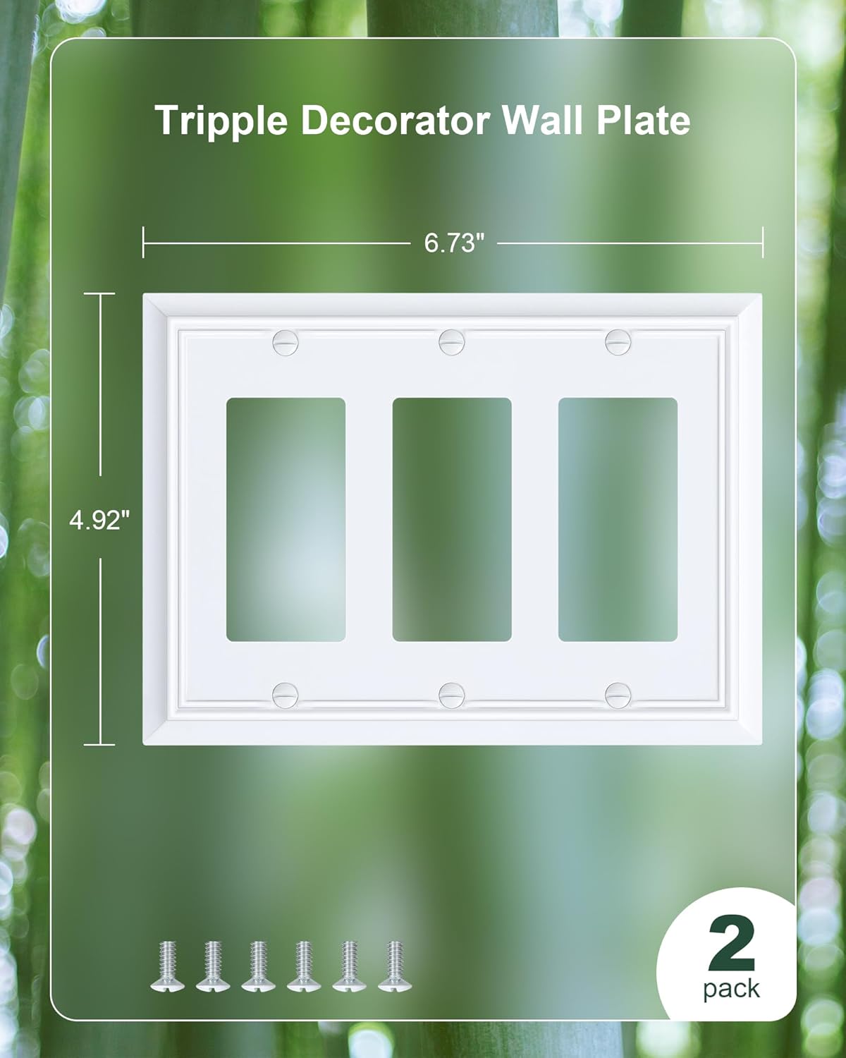 2-Pack Decorative Tripple Decorator Outlet Cover Plate, Durable Natural Bamboo Fiber Pure White