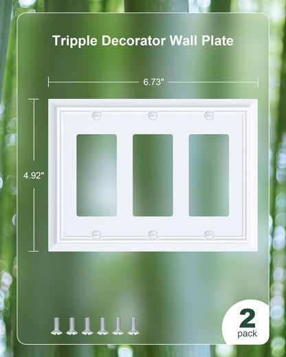 2-Pack Decorative Tripple Decorator Outlet Cover Plate, Durable Natural Bamboo Fiber Pure White