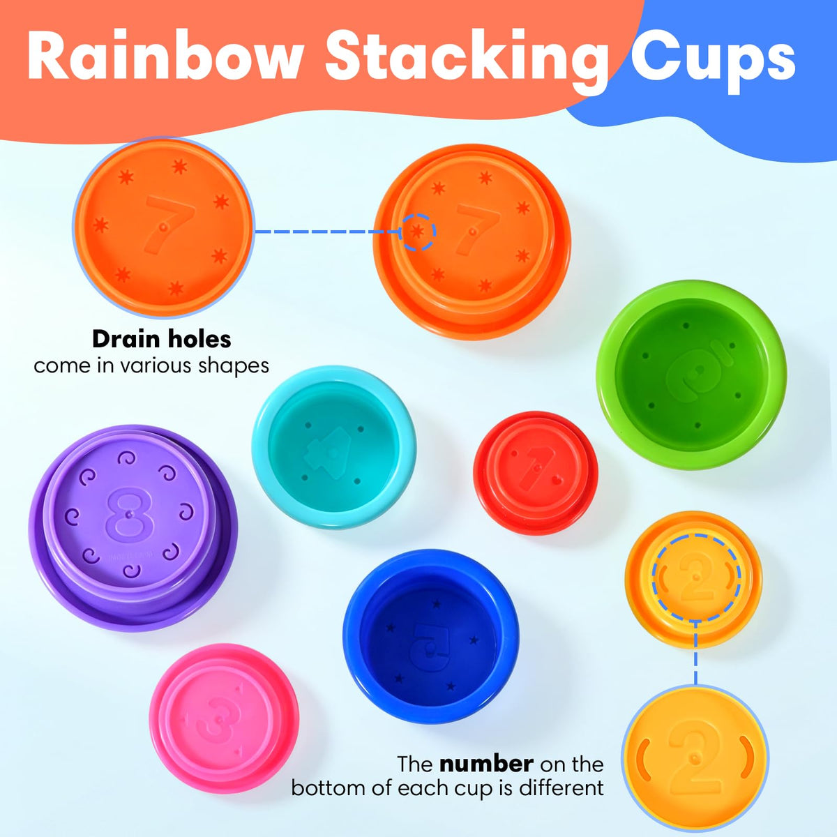 jojnawa 8 Pcs Stacking Cups Baby Stacking Toys, 8 Colors Educational Nesting Cups, Montessori