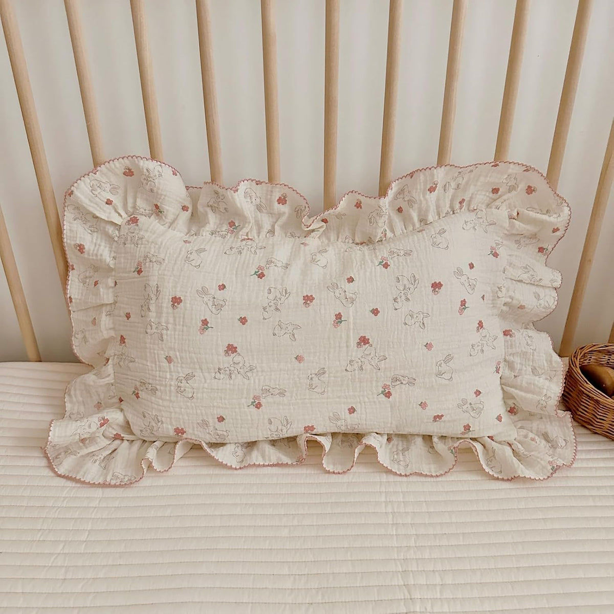 BuLuTu Rabbit Floral Toddler Pillowcase Muslin Cotton Kids Pillow Case Standard Size, 20"x26", Soft