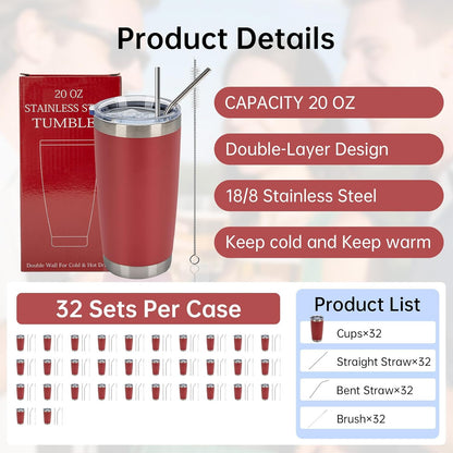 IEOVIEE 32 Pack 20oz Stainless Steel Bulk Tumblers with Lids and Straws Double Wall Insulated