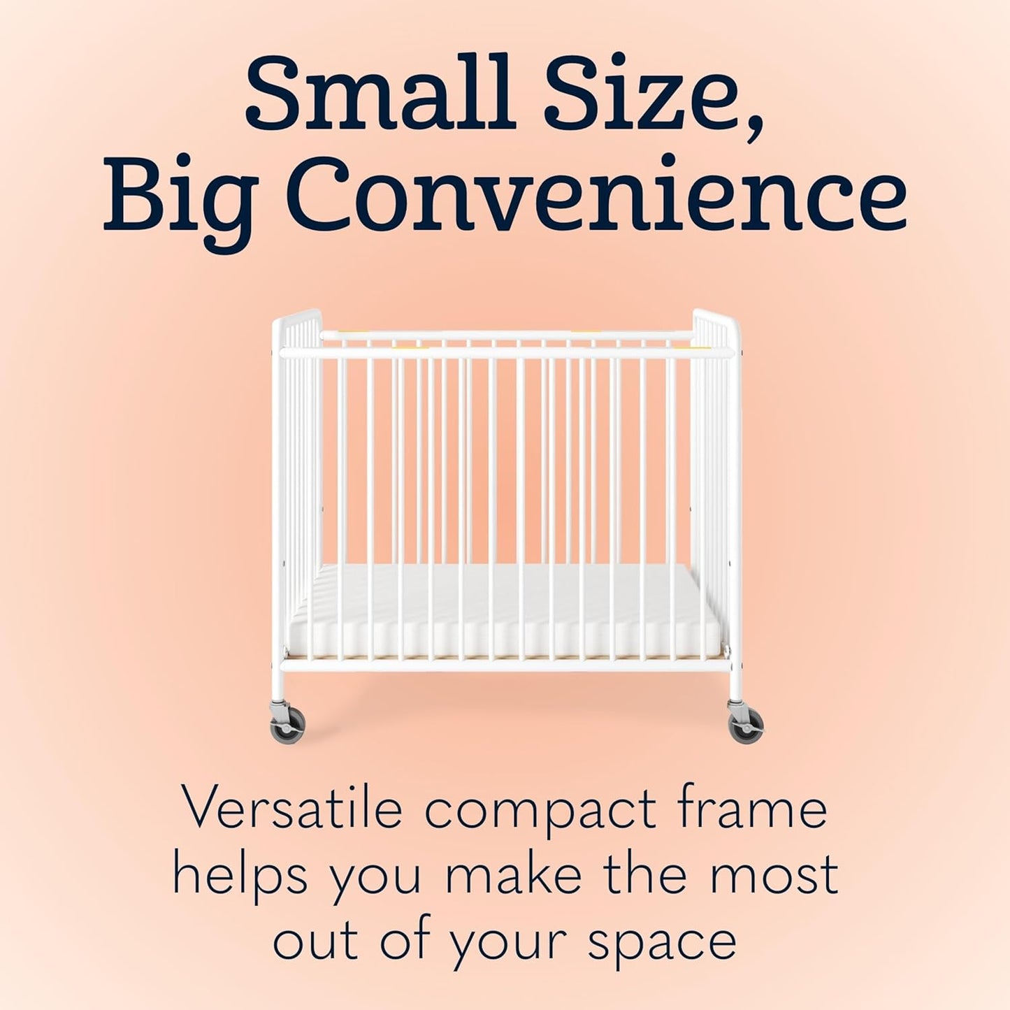 Foundations Chelsea Clearview Metal Compact Daycare Crib, 3" Casters, Compact Mini Size, Easy to