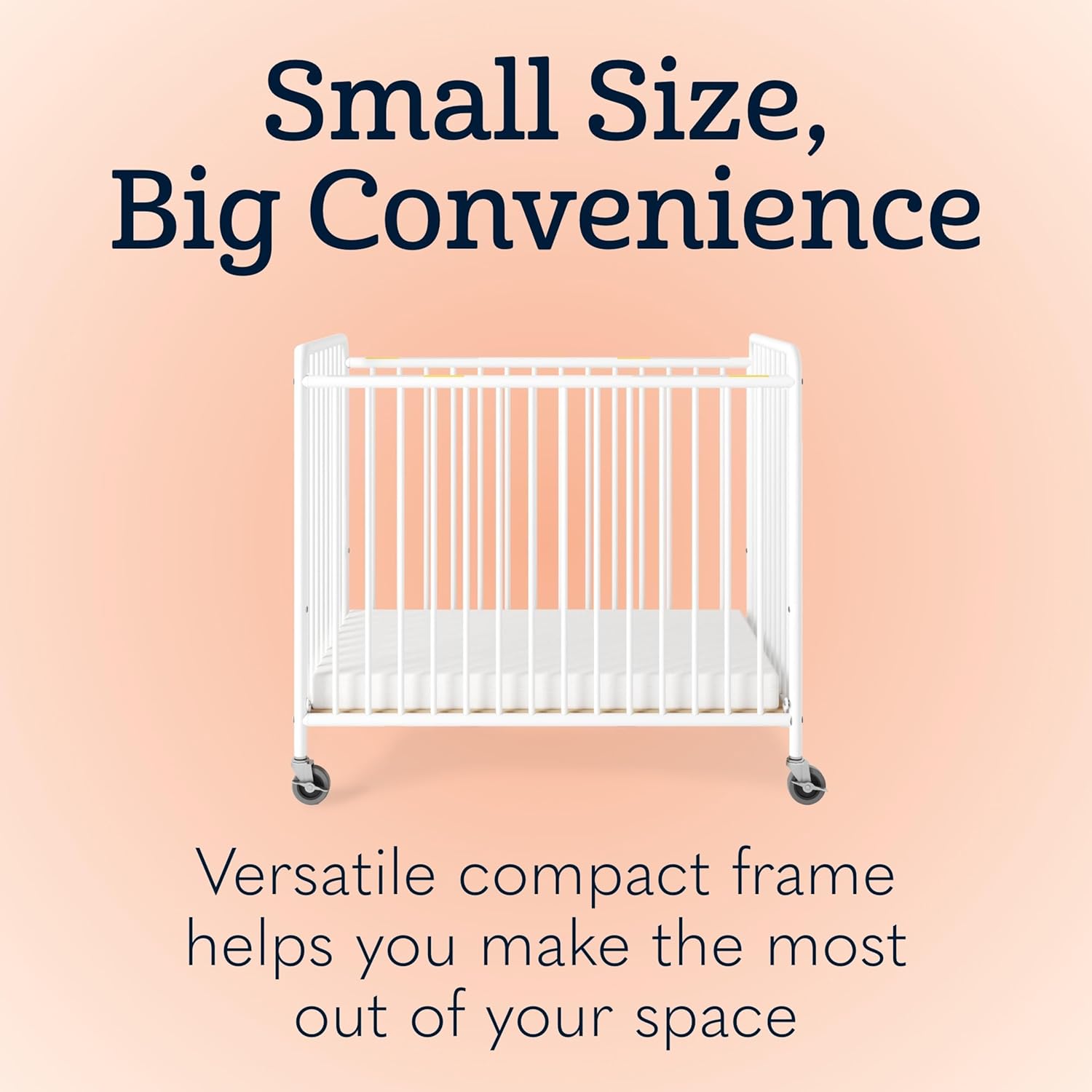 Foundations Chelsea Slatted Metal Compact Daycare Crib, 3" Casters, Compact Mini Size, Easy to
