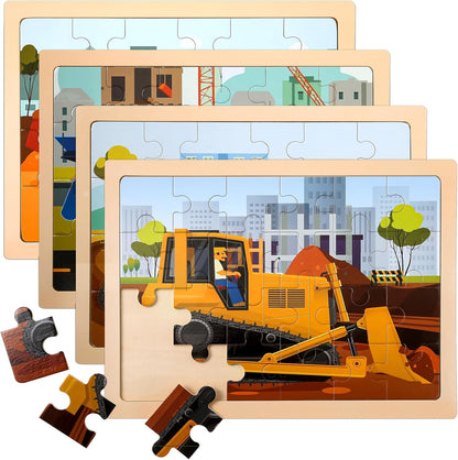 Wooden Vehicle Puzzles for Kids Age 3 4 5 Year Old, 4 Pack 24 Pcs Montessori Toddler Jigsaw Puzzles