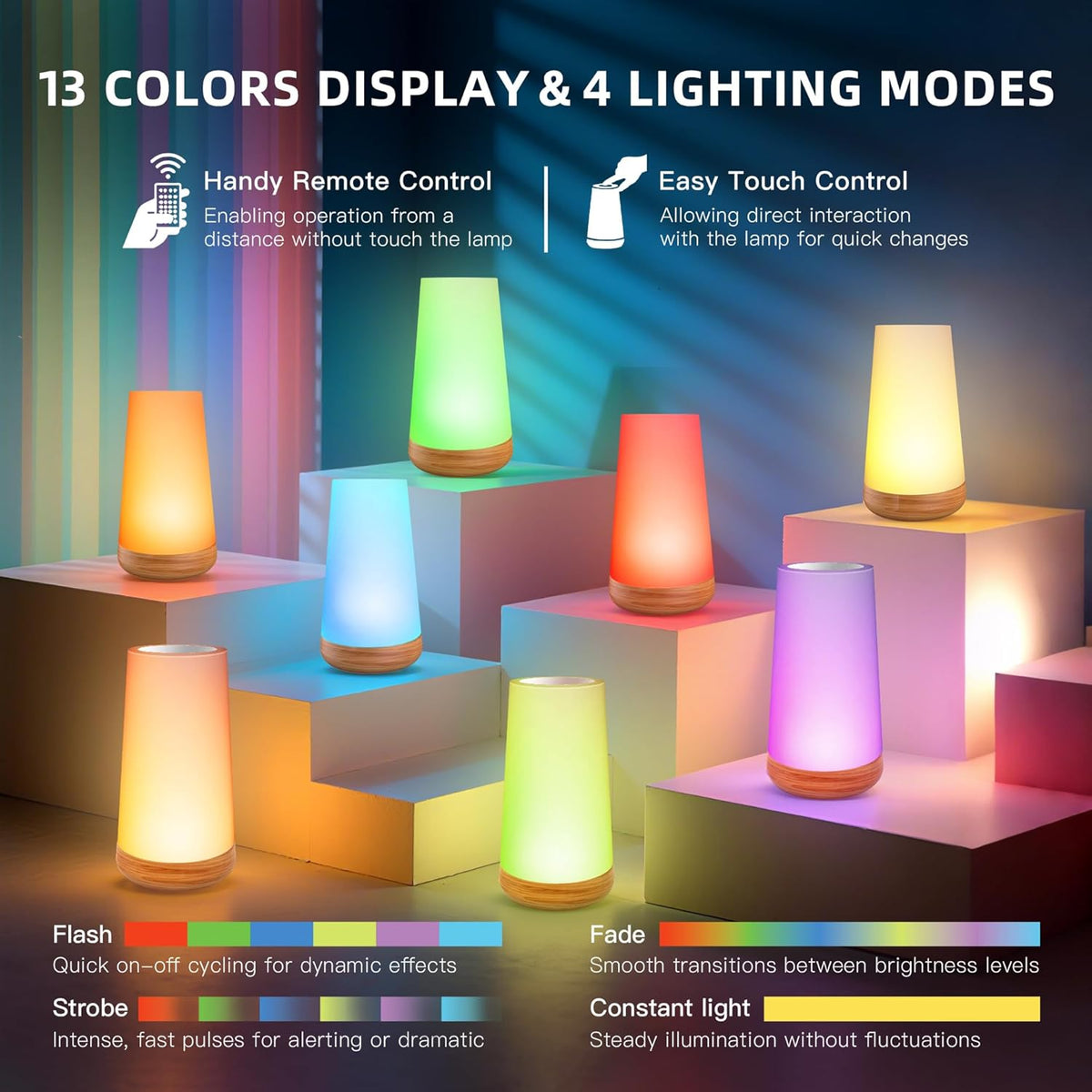 Night Light for Baby Nursery, 13 Colors Changing Touch Dimmable Night Lamp with Timer, Rechargeable
