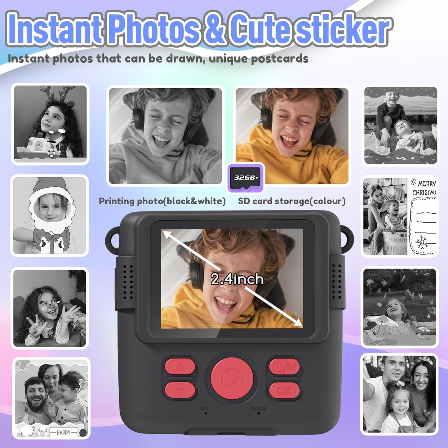 Kids Camera Instant Print, Christmas Birthday Gifts for Kids Age 3-12, Selfie Digital Camera with
