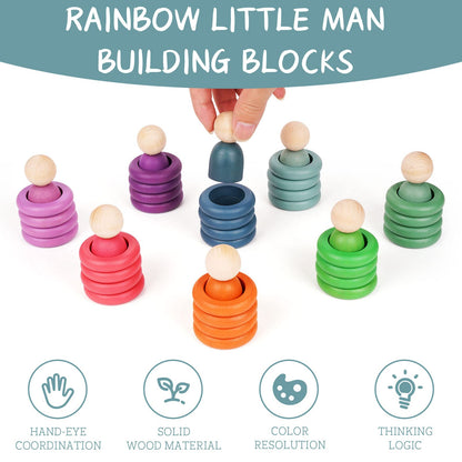 Montessori Toys Wooden Color Sorting Stacking Rings Toy Rainbow Wooden Peg Dolls Counting Toys
