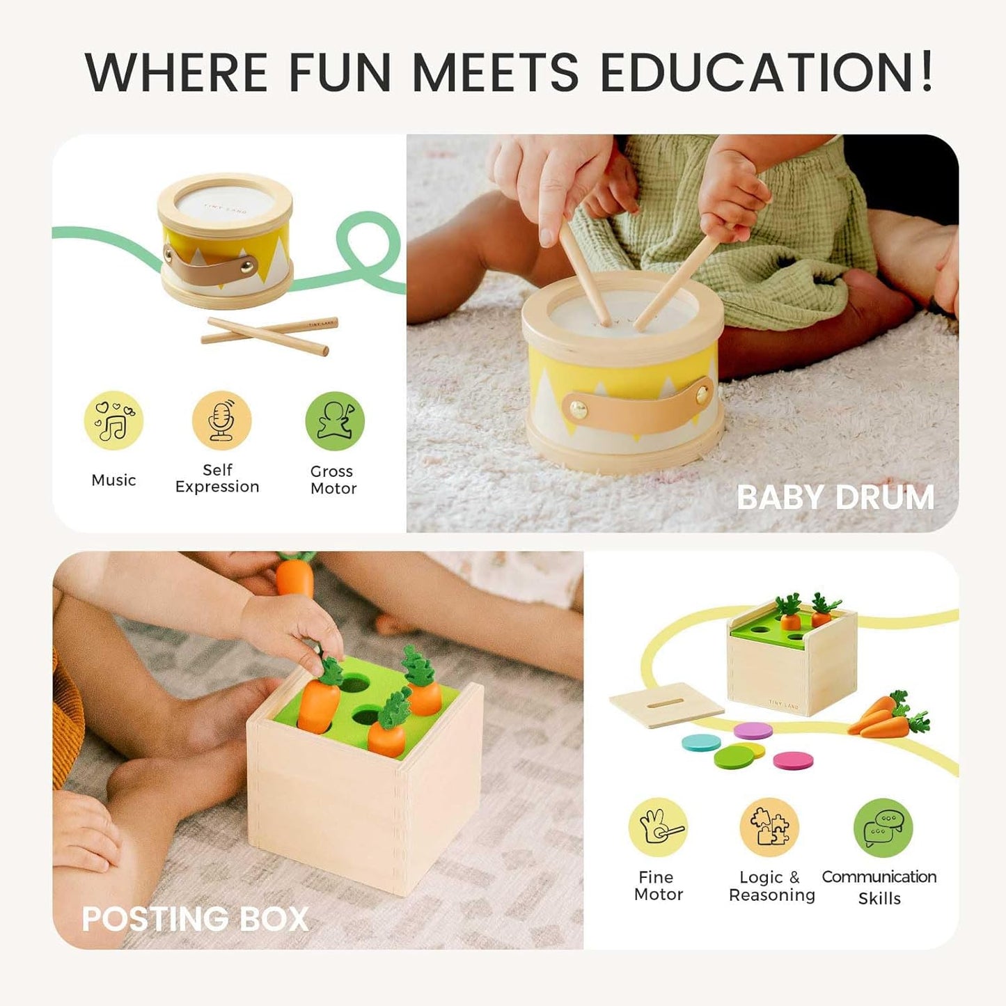 Tiny Land Montessori Toy Set for Baby 13-15 Months Explorer Play Kit - 7-in-1 Baby Drum, Carrot