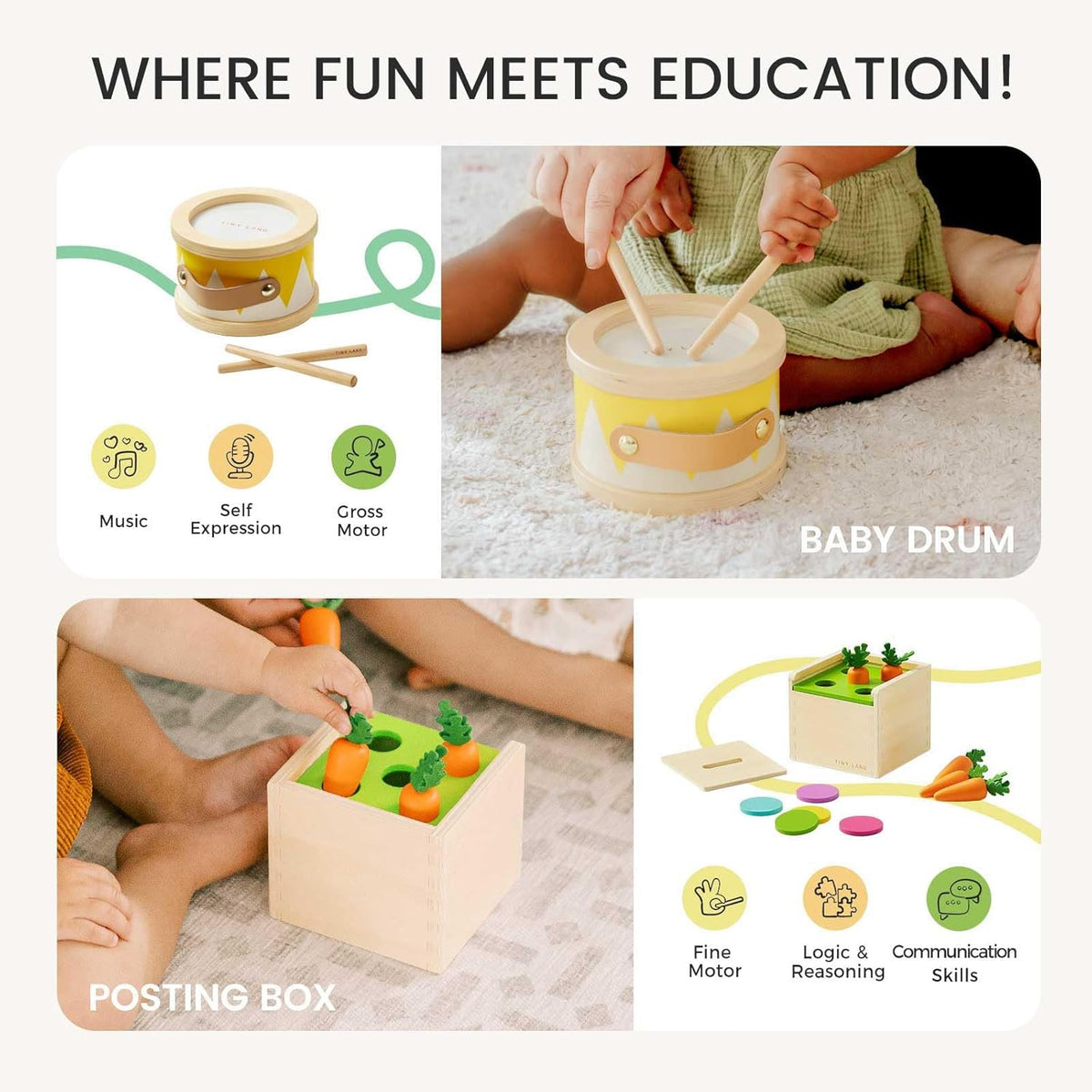 Tiny Land Montessori Toy Set for Baby 13-15 Months Explorer Play Kit - 7-in-1 Baby Drum, Carrot