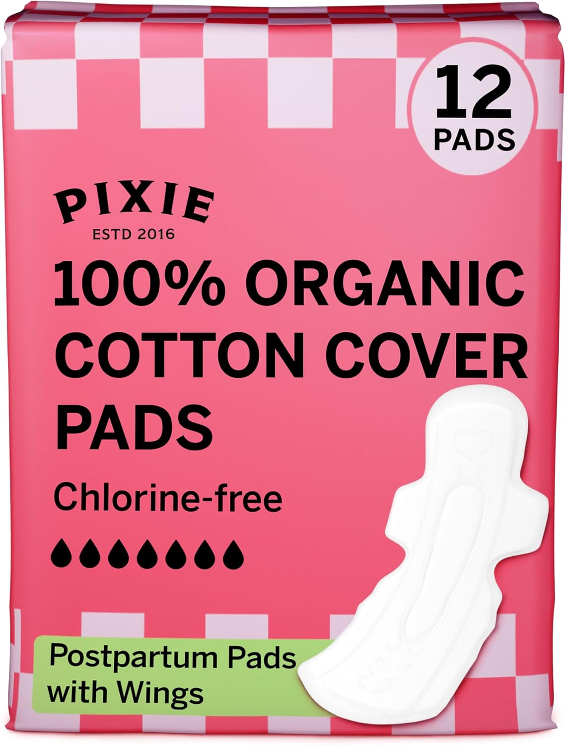 Pixie Organic Cotton Postpartum Pads for Women - Extra Heavy Absorbency with Wings - Leak-Proof