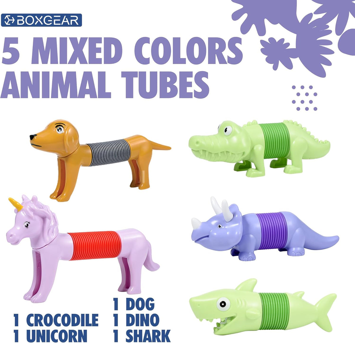 Boxgear 5-Pack Pop Tubes Mixed Animal Fidget Toys – Sensory Tubes for Toddlers – Cute Animal