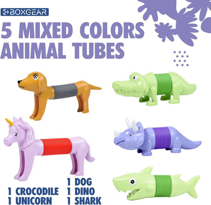 Boxgear 5-Pack Pop Tubes Mixed Animal Fidget Toys – Sensory Tubes for Toddlers – Cute Animal